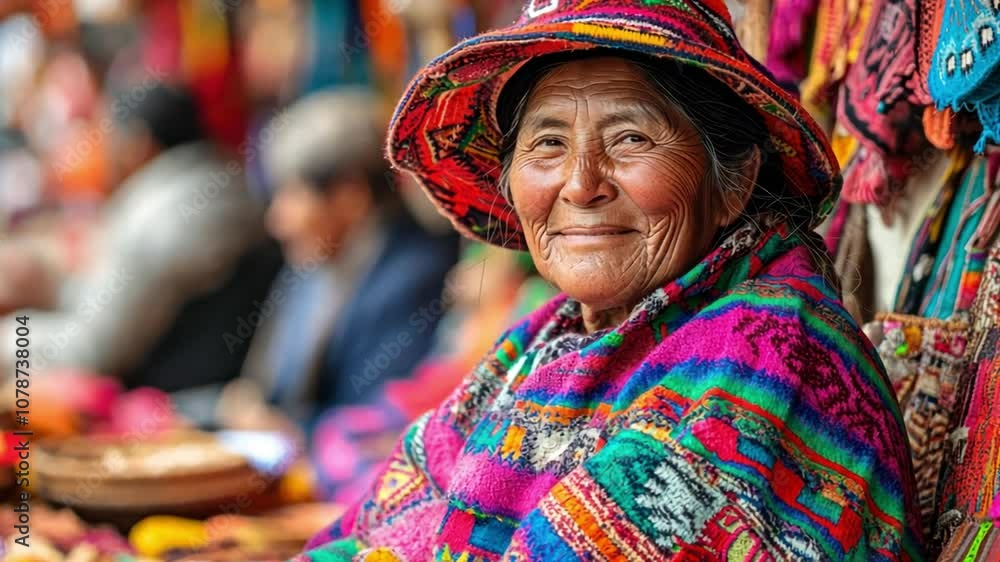 An elderly Latin American woman wearing a colorful hat and colorful blanket is smiling An elderly Latin American woman wearing a colorful hat and colorful blanket is smiling