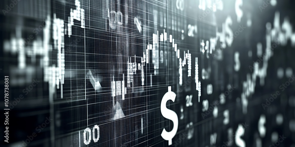 Fototapeta premium Corporate gray background with faint white economic symbols.