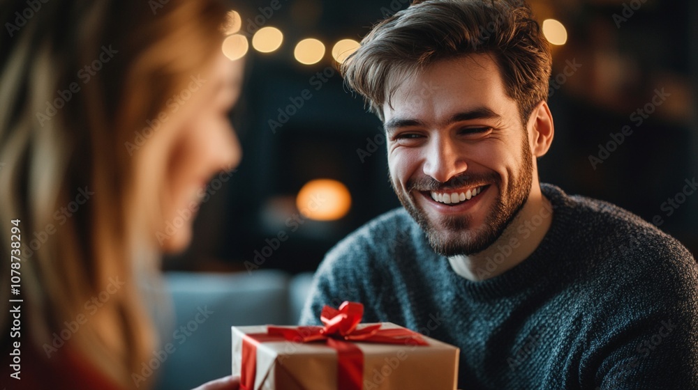 Romantic evening surprise: bearded man presents gift box with red bow to partner, both illuminated by warm string lights, creating intimate atmosphere. Romantic evening surprise: bearded man presents gift box with red bow to partner, both illuminated by warm string lights, creating intimate atmosphere.