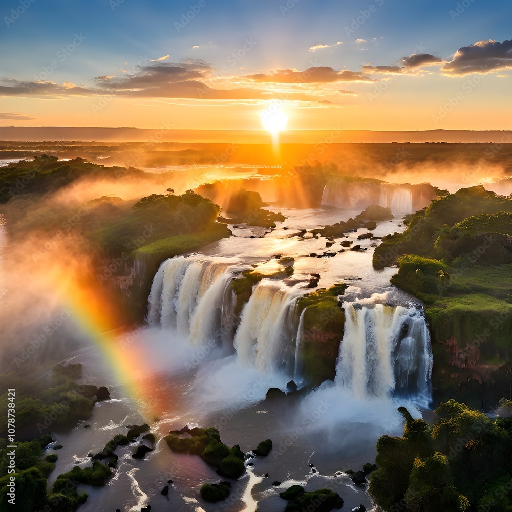 Fototapeta premium Sunlit Iguazu Falls: Aerial View of Cascading Water and Rainbow Mist