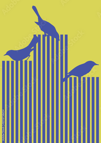Bluebird silhouette on the wall poster. Scandinavian minimalism art design. Birds illustration