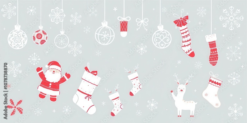 Hand-drawn Christmas design elements including Santa Claus, reindeer, snowflakes, ornaments, and stockings, traditional, sketch, cute Hand-drawn Christmas design elements including Santa Claus, reindeer, snowflakes, ornaments, and stockings, traditional, sketch, cute