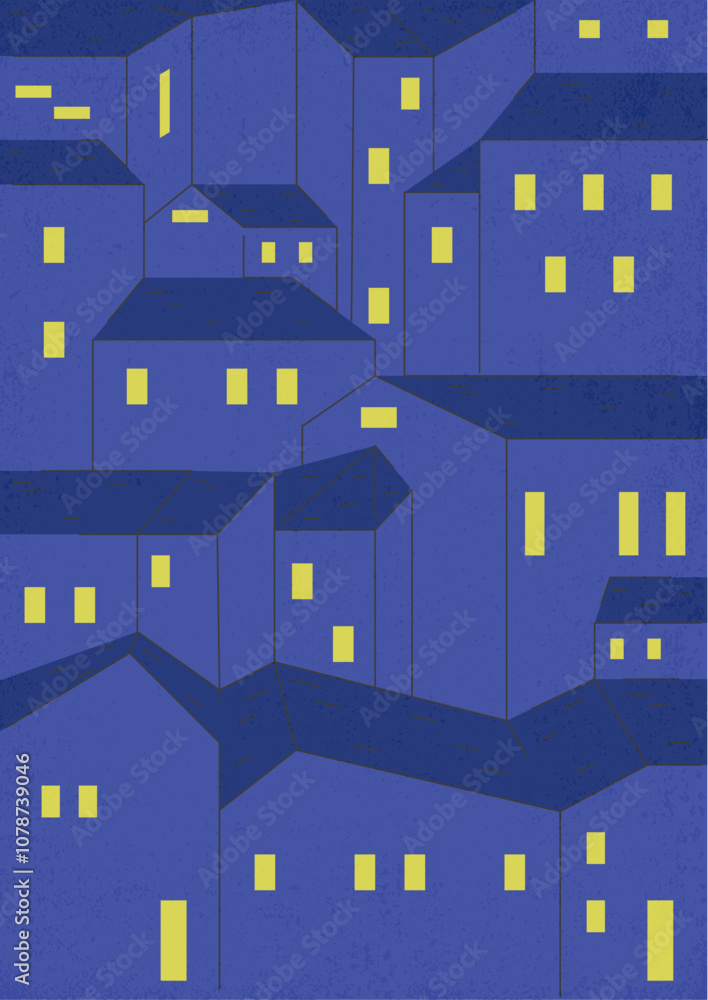 Simple city by night illustration. Line style night townscape art. Minimalism city Simple city by night illustration. Line style night townscape art. Minimalism city