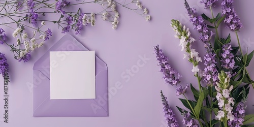 Up close of a purple flower and white card appear against a soft purple background and a big space on it for textual or background use, Generative AI.