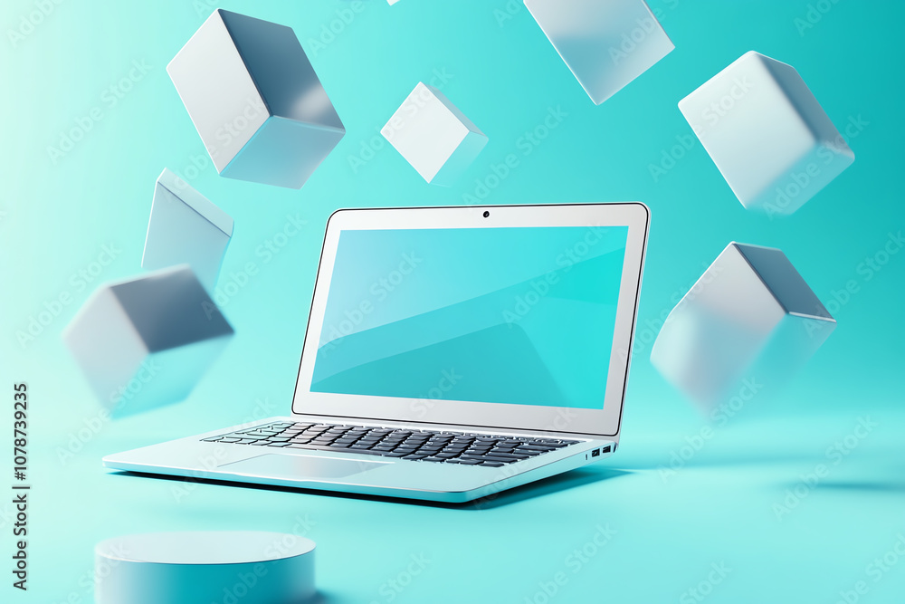 Modern laptop with floating geometric shapes on a blue background, symbolizing technology, innovation, and digital solutions. Modern laptop with floating geometric shapes on a blue background, symbolizing technology, innovation, and digital solutions.