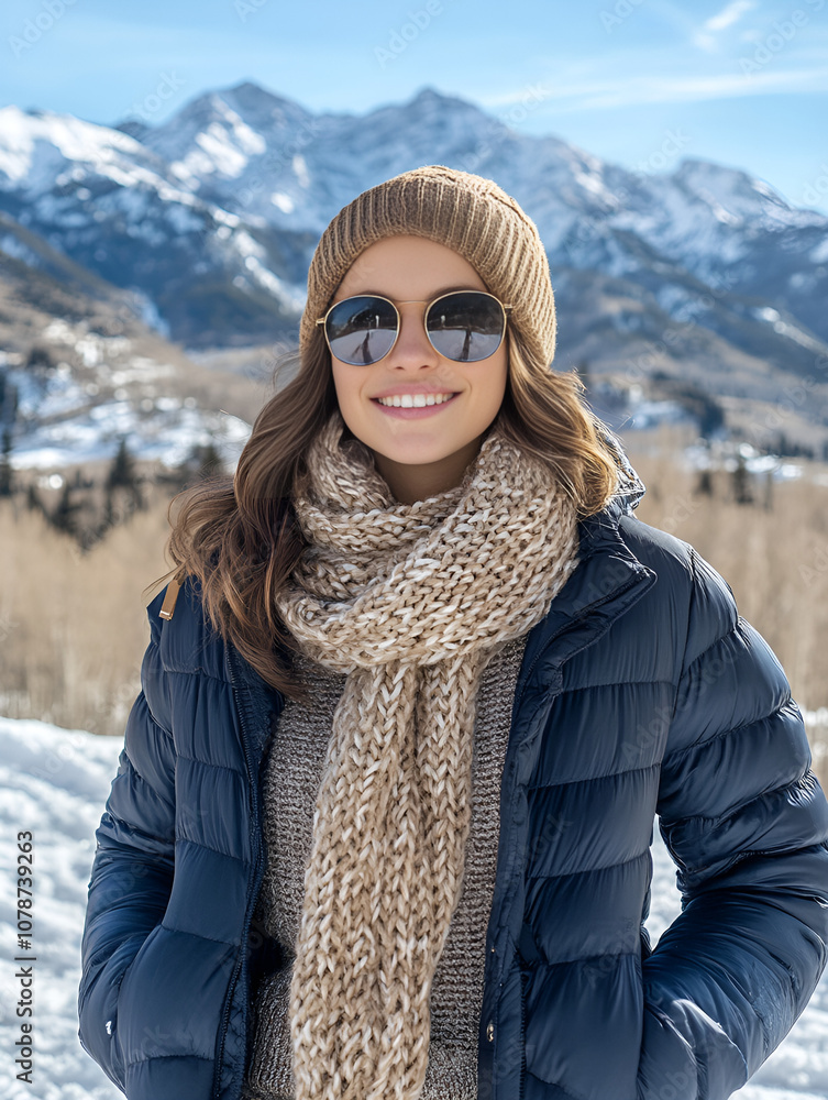 Smiling woman in winter attire with sunglasses and knitted scarf, standing in snowy mountains Smiling woman in winter attire with sunglasses and knitted scarf, standing in snowy mountains