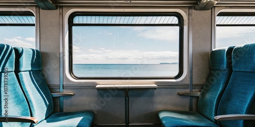 Scenic train window view with comfortable seating and landscape in the distance.