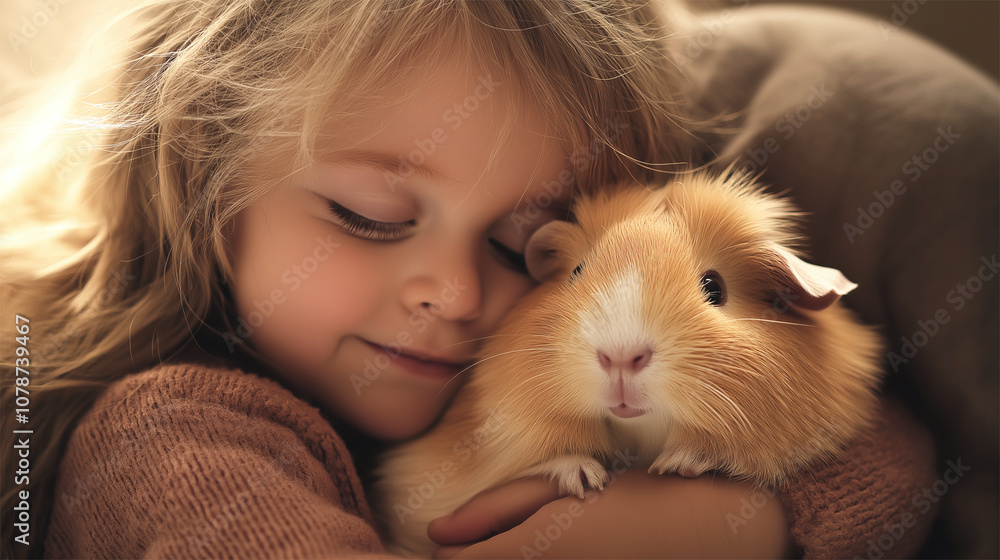 Little girl hugging pet guinea pig in soft, warm lighting, showing affection and love
Little girl hugging pet guinea pig in soft, warm lighting, showing affection and love