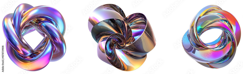 Set of 3D iridescent sculptures with vibrant loops and intricate designs Set of 3D iridescent sculptures with vibrant loops and intricate designs