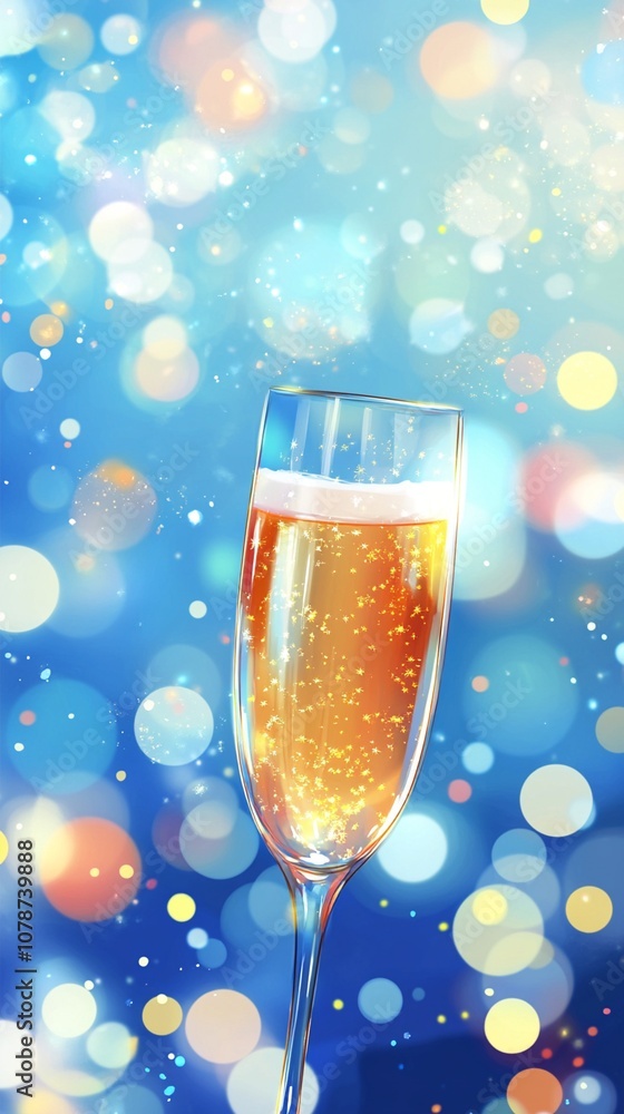 Sparkling champagne flute against a dreamy blue background with glowing bokeh lights, creating a festive and magical atmosphere for celebrations. Sparkling champagne flute against a dreamy blue background with glowing bokeh lights, creating a festive and magical atmosphere for celebrations.