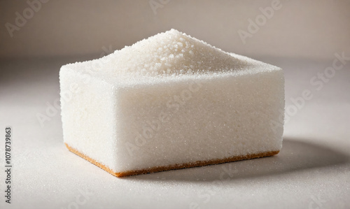 A pile of white granulated sugar sits on a brown surface