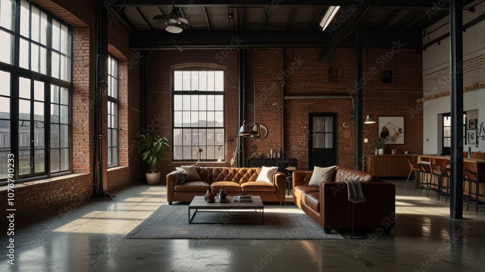 Industrial loft living room with large windows, leather sofas, and exposed brick walls. Industrial loft living room with large windows, leather sofas, and exposed brick walls.