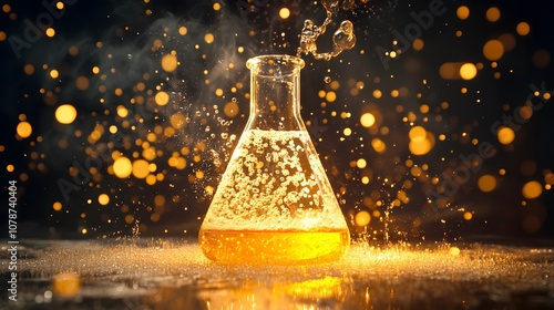 75. Side view of a reaction forming bubbles and gas inside a flask with a bright background