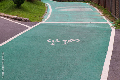 Green way for the bicycles.  Bike line. The bicycle lane. photo