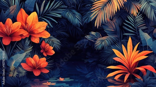 Lush Tropical Foliage with Orange Flowers.