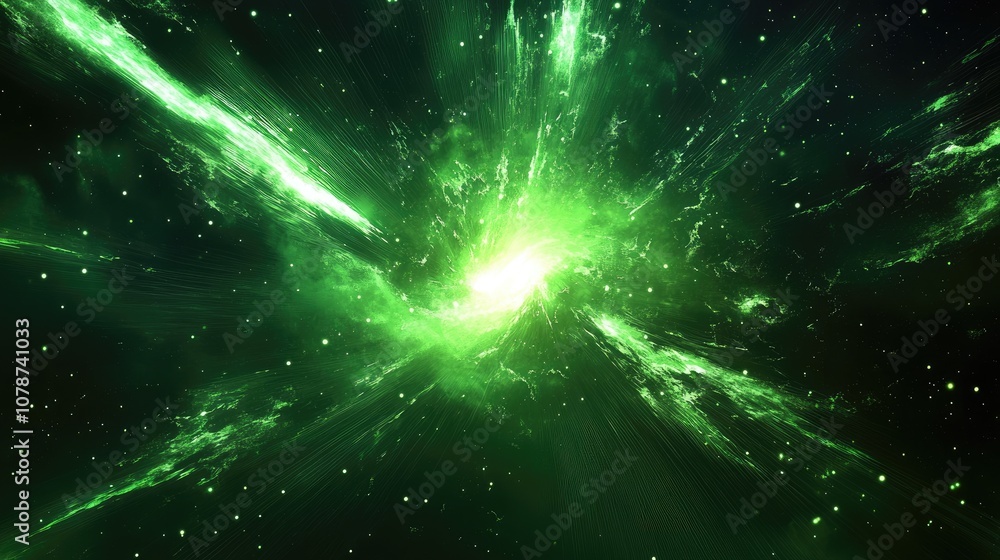A burst of neon green light in space, with energy rays stretching outward, creating an abstract and energetic atmosphere in a futuristic scene. A burst of neon green light in space, with energy rays stretching outward, creating an abstract and energetic atmosphere in a futuristic scene.