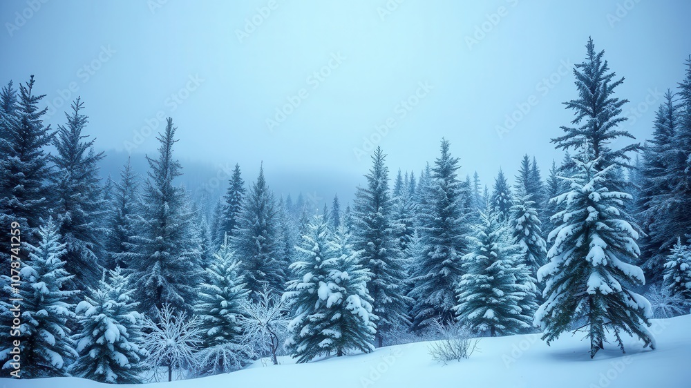 Snow-covered evergreen trees in a serene winter forest setting with a blanket of fresh white snow, serene, Christmas, snowfall Snow-covered evergreen trees in a serene winter forest setting with a blanket of fresh white snow, serene, Christmas, snowfall