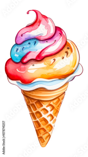 Illustration of multi-colored ice cream in a waffle cone. Isolation on a transparent background.