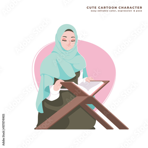 muslim girl reading quran cute cartoon character
