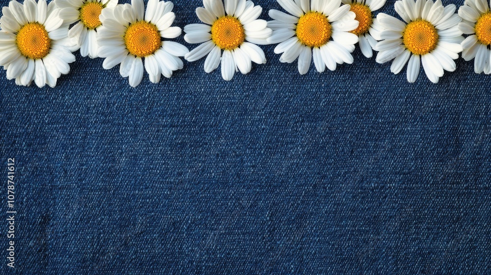 Obraz premium A detailed denim background with a border of daisy flowers lining the edges, their white petals and yellow centers standing out brightly against the indigo tones of the denim. 