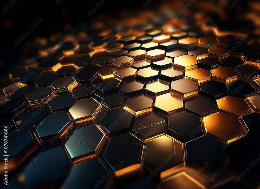 A dark and sleek background with a field of metallic gold hexagons. A dark and sleek background with a field of metallic gold hexagons.