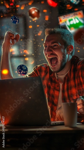 Ecstatic man celebrates wildly at laptop, fist pumping with flying poker chips and vibrant lights, capturing intense excitement of online gambling victory. photo