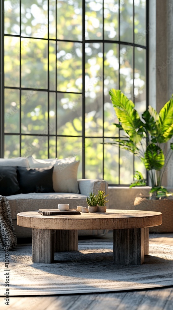 Sunlit living room with large windows, cozy seating, and a rustic wooden coffee table. Lush green plants add a natural touch to the serene interior space. Sunlit living room with large windows, cozy seating, and a rustic wooden coffee table. Lush green plants add a natural touch to the serene interior space.