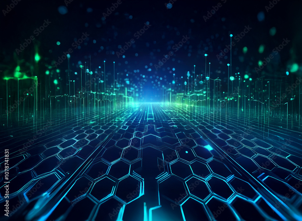 Obraz premium A futuristic digital landscape with glowing lines and hexagonal patterns, creating a sense of depth and movement.