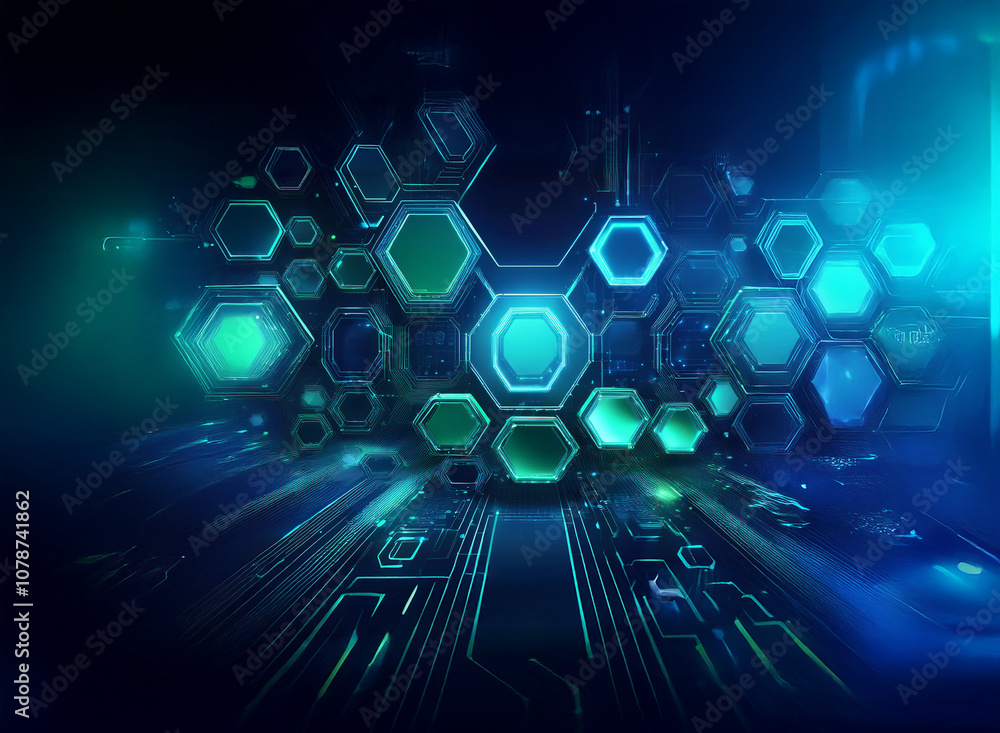 A dark blue background with a glowing green and blue hexagon pattern. The hexagons are connected by lines and appear to be floating in space. A dark blue background with a glowing green and blue hexagon pattern. The hexagons are connected by lines and appear to be floating in space.