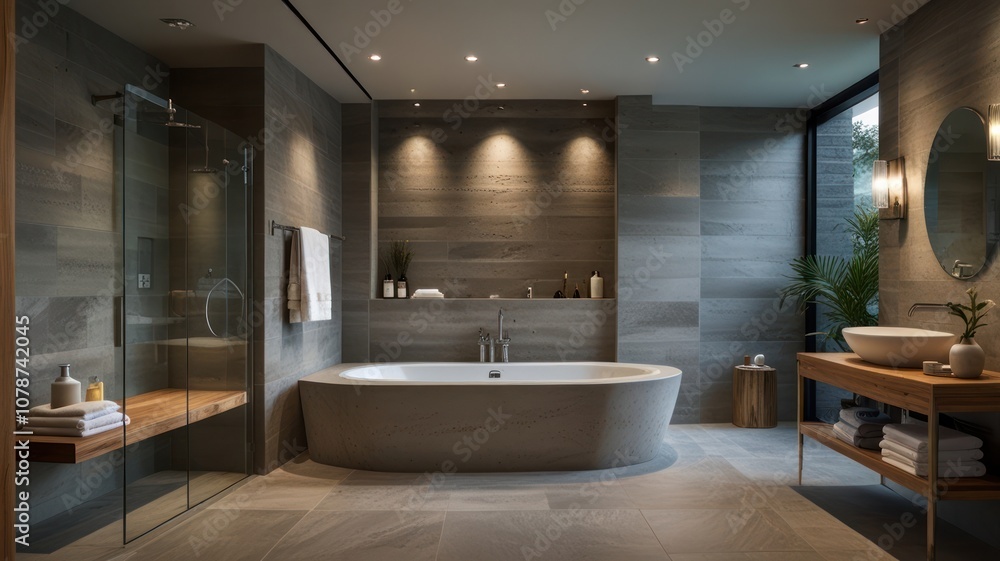 Modern bathroom with freestanding tub, walk-in shower, and wood vanity. Modern bathroom with freestanding tub, walk-in shower, and wood vanity.