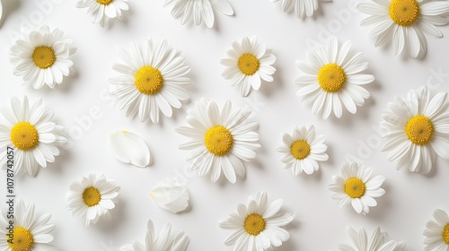 A serene white background adorned with delicate daisy flowers in a random pattern.