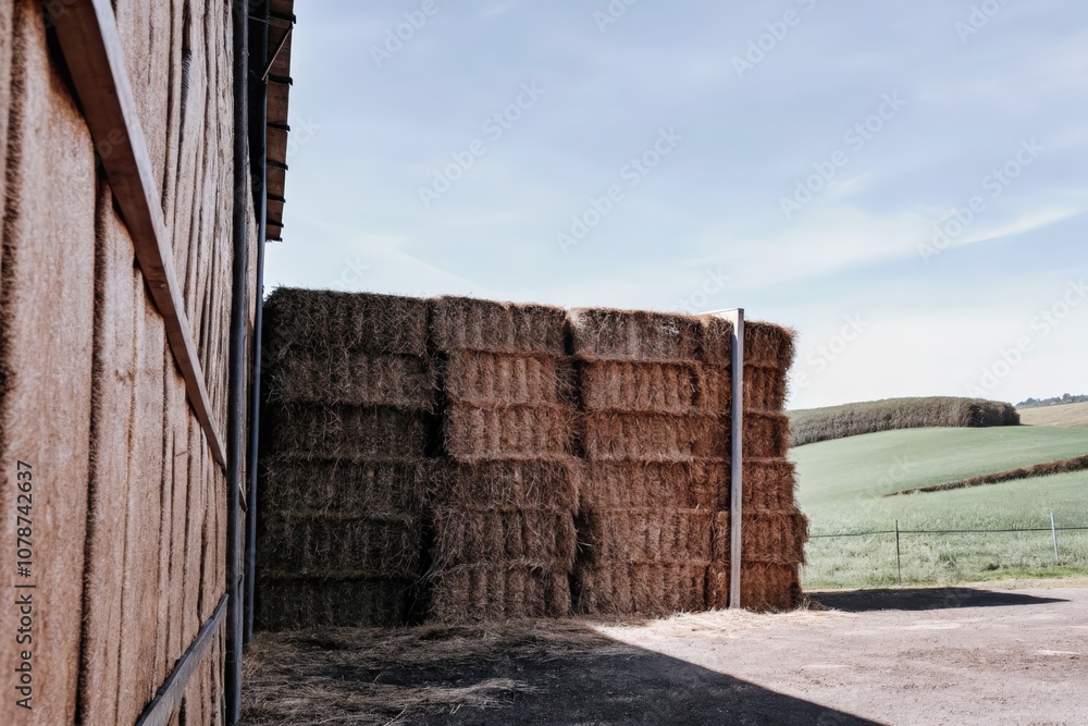Fototapeta premium Tall stacks of hay bales beside a wooden barn in a rural countryside setting.
