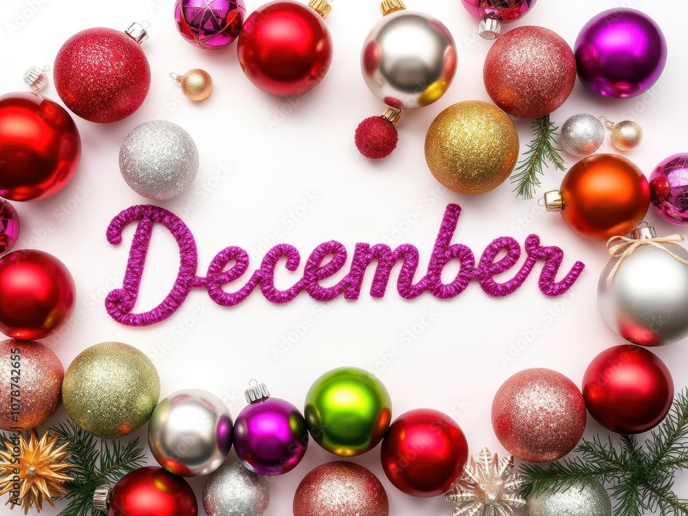Sparkling Christmas ornaments arranged in a flat lay style with various colors and shapes on a white background, December, arrangement, celebration Sparkling Christmas ornaments arranged in a flat lay style with various colors and shapes on a white background, December, arrangement, celebration