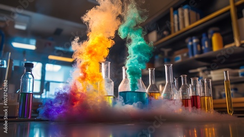 17. Low-angle view of colorful fumes escaping from a beaker in a dimly lit lab photo