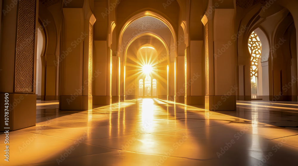 Serene Golden Light Streaming Through Arched Architecture in an Elegant Interior Space with Soft Shadows and Warm Colors Serene Golden Light Streaming Through Arched Architecture in an Elegant Interior Space with Soft Shadows and Warm Colors