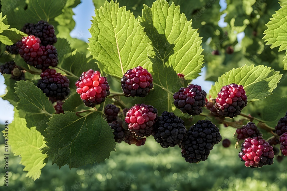 A close up of ripe mulberries on a branch with leaves shading them from the bright sunlight, Ai Generated A close up of ripe mulberries on a branch with leaves shading them from the bright sunlight, Ai Generated