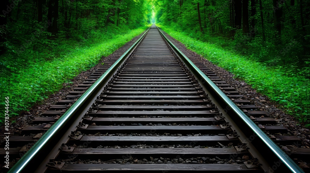 Explore the Tranquility of Railroad Tracks Meandering Through a Lush Green Forest Pathway Explore the Tranquility of Railroad Tracks Meandering Through a Lush Green Forest Pathway