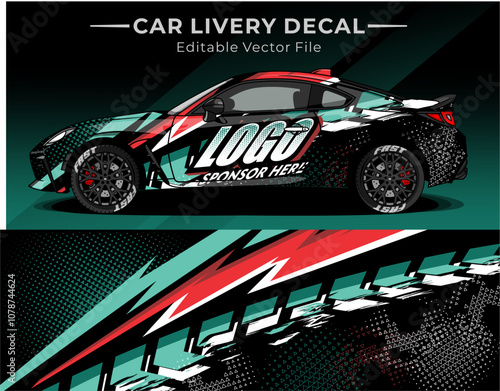 Illustration vector graphic of car wrap decal with black green red colour. Livery design for Racing car, Contest or Daily use