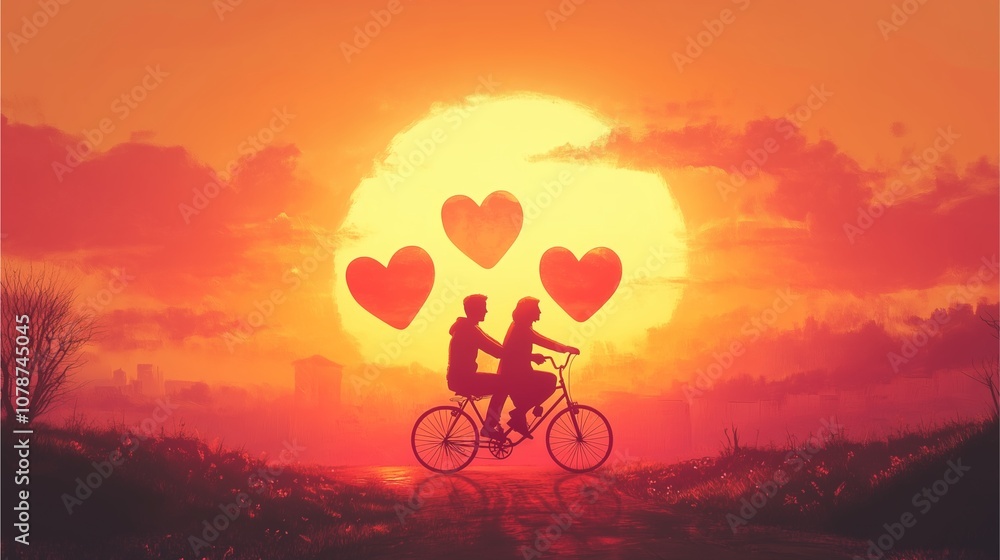 Obraz premium A couple riding bicycles together with heart-shaped wheels, symbolizing shared motivation and drive in love, against a dreamy Valentine’s sunset backdrop.