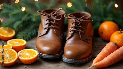 Shoes with orange slices and pine branches with carrots for traditional St. Nicholas Day celebration, inspiring holiday mood, happy St. Nicholas Day concept