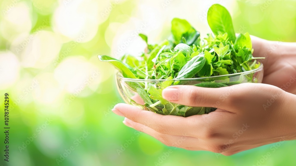 Fresh Green Salad Leaves Held in Hands Against a Bright Natural Background, Illustrating the Concept of Healthy Eating and Organic Farming Practices Fresh Green Salad Leaves Held in Hands Against a Bright Natural Background, Illustrating the Concept of Healthy Eating and Organic Farming Practices