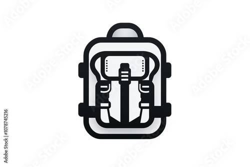 PNG cut out isolated background. A stylized, black-and-white icon of an outdoor hiking backpack featuring straps, a top handle, and multiple compartments, symbolizing travel, adventure, and camping. 