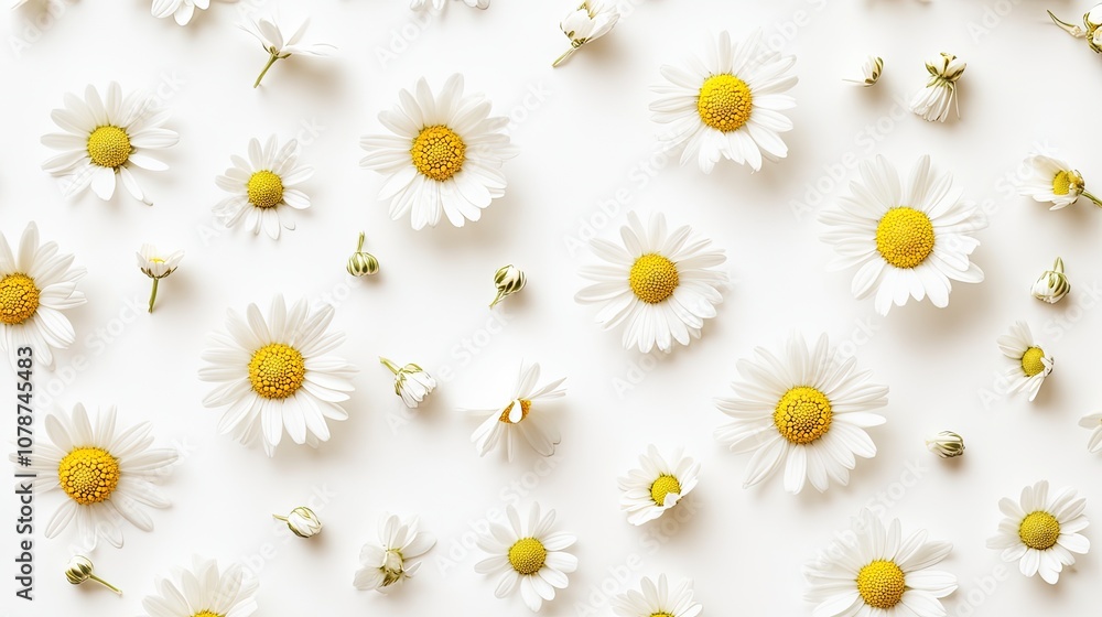 A bright white background sprinkled with daisy flowers in an organic, random pattern. Some daisies are fully bloomed while others are just opening, A bright white background sprinkled with daisy flowers in an organic, random pattern. Some daisies are fully bloomed while others are just opening,