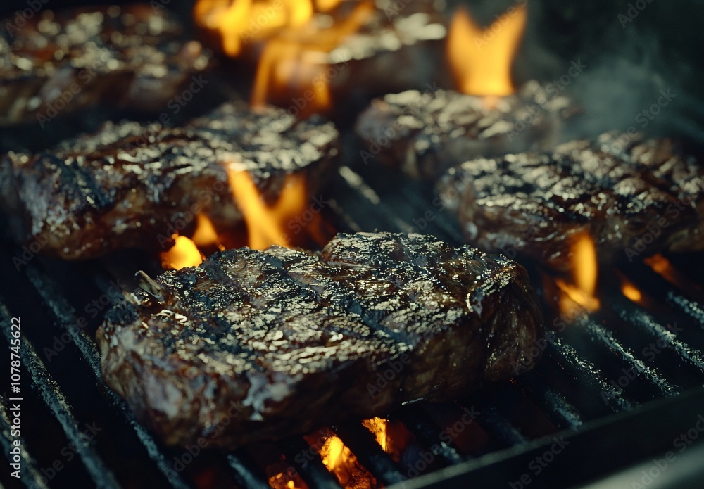 Close-Up Cinematic Grilling Steaks on Fire Close-Up Cinematic Grilling Steaks on Fire