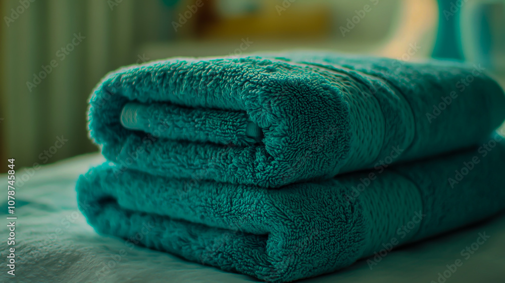 Two large, thick turquoise towels folded on top of each othe Two large, thick turquoise towels folded on top of each othe