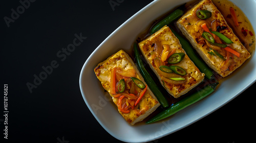 Tofu with pickled vegetables, three pieces of the top view in an oval white dish on a black background, green chilies placed between two tofu blocks photo