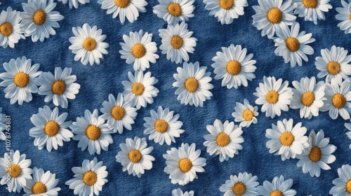 A classic denim background featuring clusters of daisy flowers spread evenly across the fabric.