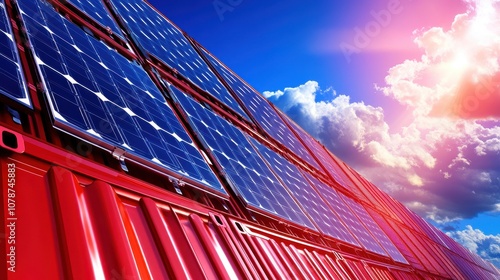 Solar Panels Mounted on a Red Container with a Bright Blue Sky and Fluffy Clouds, Showcasing Renewable Energy Technology and Sustainable Solutions
