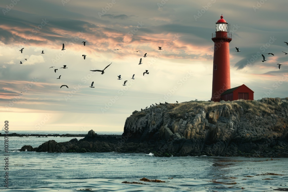 Obraz premium Red Lighthouse with Flying Birds Against Dramatic Sky