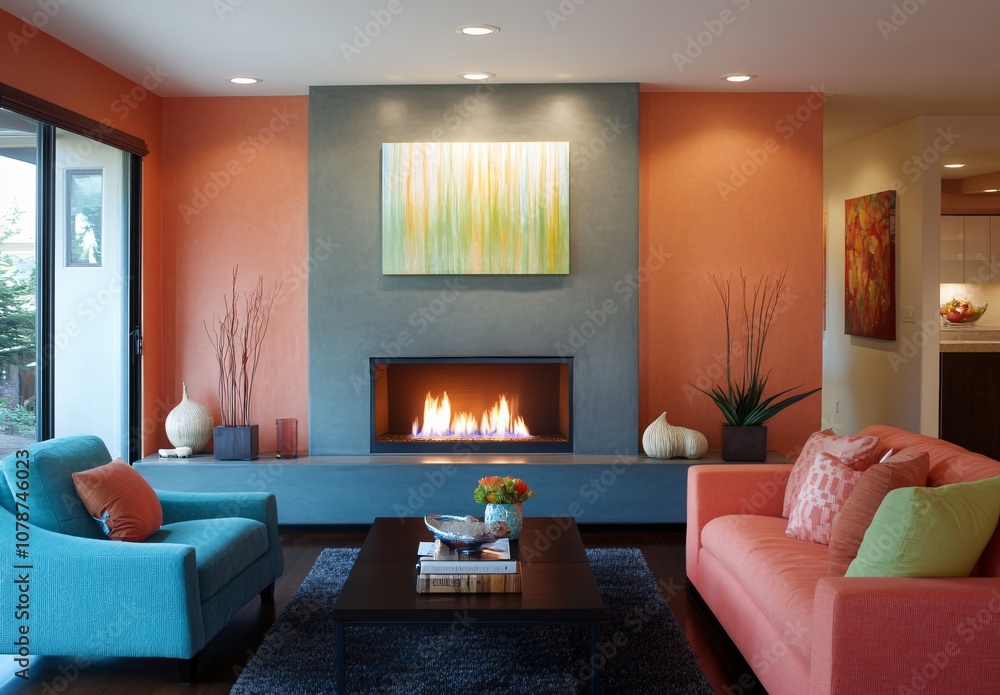 Modern Living Room with Fireplace and Coral Walls Modern Living Room with Fireplace and Coral Walls